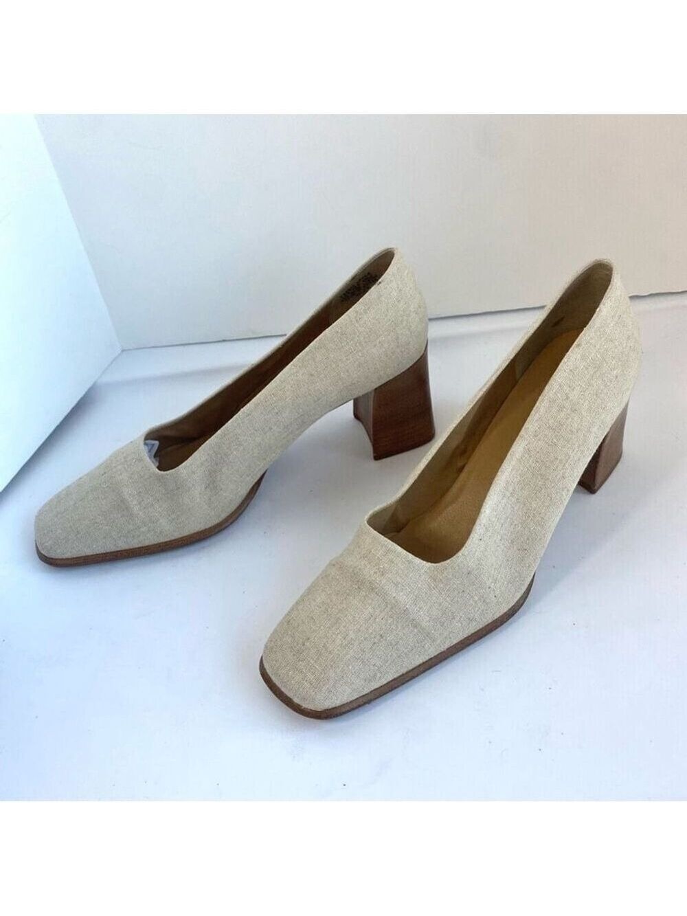 Nine West Beige Tan Linen Like Fabric Shoes Pump Square Toe Wood Block Heel Wome - Picture 6 of 11